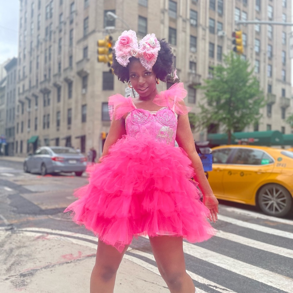 New York Couture Dreamy NEON PINK Bustier Skull Studded Party Dress
